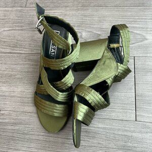 Sol Sana Strappy Block Heel Gabby Heel in Forest Green Satin Size EU38 / W7